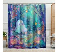 Cortina de ducha de bosque fantasma encantado, decoración de baño de Halloween, bosque de calabaza brillante pastel, espeluznante otoño fantástico, juego de cortina de ducha de tela impermeable con