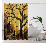 Cortina de ducha de bruja y cuervo de Halloween, color amarillo crema y negro, cortina de ducha de tela impermeable para decoración de baño, juego de diseño de temporada espeluznante con ganchos, 72 x
