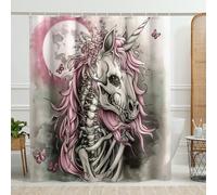 Cortina de ducha de caballo mágico con calavera, decoración de baño floral de luna de melocotón, Halloween, gótica, fantasía, resistente al agua, juego de cortina de ducha de tela con ganchos, 72 x 72