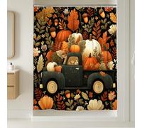 Cortina de ducha de calabaza otoñal, decoración de otoño de camioneta negra vintage, juego de baño floral de cosecha de Acción de Gracias, cortina de tela de estilo rústico acogedor con ganchos, 72 x