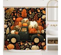 Cortina de ducha de calabaza otoñal, decoración de otoño de camioneta negra vintage, juego de baño floral de cosecha de Acción de Gracias, cortina de tela de estilo rústico acogedor con ganchos, 72 x