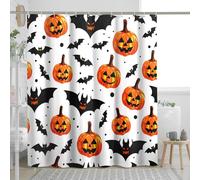 Cortina de ducha de calabaza y murciélago de Halloween, decoración festiva espeluznante para vacaciones de otoño, divertido y elegante, juego de cortina de ducha de tela impermeable blanca con ganchos