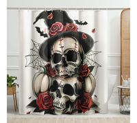 Cortina de ducha de calavera de Halloween, cortina de ducha de tela impermeable con ganchos, color negro y rojo con rosas góticas para decoración de baño, calabaza, vampiro, bruja, otoño, 157 x 183 cm