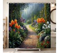 Cortina de ducha de camino, flores escénicas de naturaleza, verde primavera, poliéster, impermeable, decorativa, para el hogar, baño, decoración de hotel, 72 x 72 pulgadas