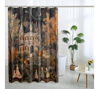 Cortina de ducha de castillo de cuento de hadas, decoración de baño, escena de bosque de bosque encantado, decoración de baño, libro de cuentos mágicos de temporada de otoño, juego de cortina de ducha
