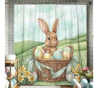 Cortina de ducha de conejo de Pascua, cesta de huevos de conejo, decoración de baño para vacaciones de primavera, moderno juego de cortina de ducha de tela impermeable con ganchos, 72 x 78 pulgadas