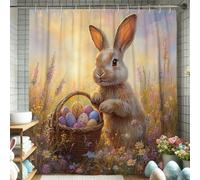 Cortina de ducha de conejo de Pascua, colorido conejo con cesta de huevos, decoración de baño, juego de cortina de ducha de tela impermeable con ganchos, 72 x 72 pulgadas