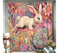 Cortina de ducha de conejo de Pascua, colorido diseño floral de huevo de conejo para decoración de baño de primavera, juego de cortina de ducha de tela impermeable vibrante con ganchos, ideal para