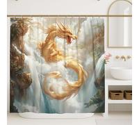 Cortina de ducha de dragón dorado, decoración de baño de criatura mítica de fantasía, inspirada en Asia, moderna cortina de ducha de tela impermeable con ganchos, 72 x 72 pulgadas