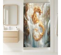 Cortina de ducha de dragón dorado, decoración de baño de criatura mítica de fantasía, inspirada en Asia, moderna cortina de ducha de tela impermeable con ganchos, 36 x 72 pulgadas
