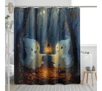 Cortina de ducha de fantasmas de Halloween, temática de bosque encantado, lindos fantasmas de dibujos animados con linterna para decoración de vacaciones de otoño, juego de cortina de baño de tela