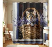 Cortina de ducha de gatito, adorable gato en cesta con cortina de ducha de lavanda para decoración de baño, juego de cortina de ducha de tela moderna con ganchos, 62 x 72 pulgadas