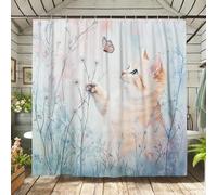 Cortina de ducha de gato, acuarela naranja gatito con mariposa, cortina de baño para decoración de baño, primavera y verano, bonita cortina de ducha de tela impermeable con ganchos, 157 x 183 cm