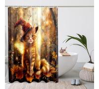 Cortina de ducha de gato de fantasía, cortina de ducha otoñal marrón claro con animales del bosque para decoración de baño, otoño, Halloween, fantasioso, lindo, juego de cortina de ducha de tela