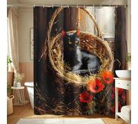 Cortina de ducha de gato, decoración artística de gato en cesta para baño, otoño e invierno, acogedora, vintage, impermeable, juego de cortina de ducha con ganchos, 62 x 72 pulgadas