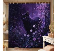 Cortina de ducha de gato, diseño floral violeta, decoración de baño para otoño, estilo místico moderno, juego de cortina de ducha de tela impermeable con ganchos, 72 x 78 pulgadas