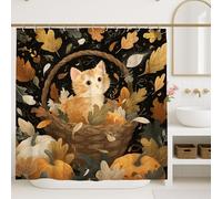 Cortina de ducha de gato otoñal, gatito naranja en cesta de mimbre con hojas y calabazas, decoración de baño de temporada de otoño, estilo rústico acogedor, tela impermeable con ganchos, 72 x 72