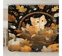 Cortina de ducha de gato otoñal, gatito naranja en cesta de mimbre con hojas y calabazas, decoración de baño de temporada de otoño, estilo rústico acogedor, tela impermeable con ganchos, 108 x 72