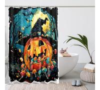 Cortina de ducha de Halloween, decoración espeluznante de calabaza, luna, murciélago, casa encantada, otoño, vacaciones, cortina de ducha de tela impermeable con sombrero de bruja y ganchos, 72 x 72