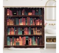 Cortina de ducha de Halloween, diseño de gato espeluznante y estantería, cortina de ducha de tela impermeable con ganchos, 72 x 72 pulgadas