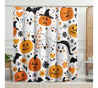 Cortina de ducha de Halloween, linda calabaza fantasma, color negro, naranja, otoño, vacaciones, decoración de baño, divertido juego de cortina de ducha de tela blanca impermeable con ganchos, 72 x 78