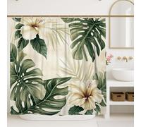 Cortina de ducha de hibisco, diseño botánico tropical de hojas de palma de Monstera verde de verano, tela impermeable, cortinas de ducha con patas de garra, decoración para baño y dormitorio, 72 x 72