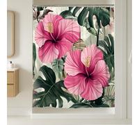 Cortina de ducha de hibisco, hojas botánicas tropicales, floral, melocotón, tela impermeable, decoración para baño, habitación de invitados, 54 x 78 pulgadas