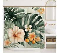 Cortina de ducha de hibisco, orquídea botánica tropical, hoja de palma, color verde, tela impermeable, decoración para baño, dormitorio, 72 x 84 pulgadas