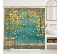 Cortina de ducha de hojas verde azulado, amarillo y dorado, decoración de baño natural, cortina de ducha artística moderna resistente al agua con ganchos, 182 x 183 cm