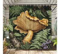 Cortina de ducha de hongos, decoración de baño vintage de hongos amarillos y helechos verdes, juego de cortina de ducha de tela impermeable inspirada en la naturaleza otoñal con ganchos, 72 x 72