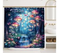 Cortina de ducha de hongos fantásticos, decoración de baño con mariposas de bosque encantado, cortina de ducha de tela impermeable con ganchos, 62 x 72 pulgadas