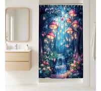 Cortina de ducha de hongos fantásticos, decoración de baño con mariposas de bosque encantado, cortina de ducha de tela impermeable con ganchos, 91 x 183 cm