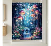 Cortina de ducha de hongos fantásticos, decoración de baño con mariposas de bosque encantado, cortina de ducha de tela impermeable con ganchos, 137 x 198 cm