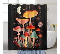 Cortina de ducha de hongos místicos, colorida cortina de ducha de bosque mágico rojo celestial para decoración de baño, otoño e invierno, moderno, bohemio, cielo nocturno, juego impermeable con