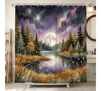 Cortina de ducha de luna, naturaleza, bosque, lago, otoño, violeta, tela impermeable, decorativa, para baño, baño, decoración de habitación de invitados, 62 x 72 pulgadas