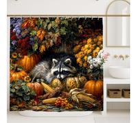 Cortina de ducha de mapache, decoración floral de otoño para baño, naranja, amarillo, verde, estilo Acción de Gracias, cortina de ducha de tela impermeable con ganchos, 72 x 84 pulgadas
