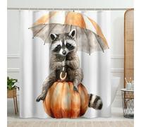 Cortina de ducha de mapache, mapache marrón acuarela con calabaza y paraguas para decoración de baño de otoño y otoño, lindo juego de cortina de ducha de tela impermeable con ganchos, 72 x 72 pulgadas