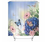 Cortina de Ducha de Mariposa Throom, Cortina de Ducha de Hombre Poliéster Mariposas Flores Cortina para Primavera Verano Otoño Invierno 180X180cm Azul