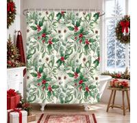 Cortina de ducha de Navidad botánica con diseño de bayas de acebo, 72 x 84 | Estampado botánico de acuarela, detalles de bayas rojas, motivos de aguja de pino, follaje tradicional de invierno