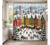 Cortina de ducha de nieve, edificios festivos de invierno, árboles, Navidad, color rojo, tela impermeable, cortinas de tela para baño, dormitorio, 54 x 78 pulgadas