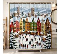 Cortina de ducha de nieve, edificios festivos de invierno, árboles, Navidad, color rojo, tela impermeable, cortinas de tela para baño, habitación de invitados, 72 x 78 pulgadas