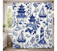 Cortina de ducha de pagoda, diseño tradicional oriental de velero, faro azul primavera, poliéster, impermeable, decoración para baño, dormitorio, 54 x 78 pulgadas