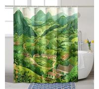 Cortina de ducha de paisaje de pueblo, decoración de baño con vistas panorámicas de montaña verde, arte moderno de campo, cortina de ducha de tela impermeable con ganchos, 72 x 78 pulgadas
