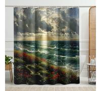 Cortina de ducha de paisaje, diseño de océano, amanecer, verde cielo, rojo, flores silvestres, cortina de ducha para decoración de baño, cortina de ducha de tela impermeable con ganchos, 62 x 72