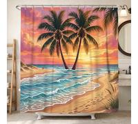 Cortina de ducha de palmeras, tropicales costeras, olas del océano, playa, verano, naranja, tela impermeable, cortinas de tela para baño, tina, departamento, decoración de 72 x 72 pulgadas