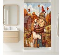 Cortina de ducha de perro Cocker Spaniel de otoño de 36 x 72 pulgadas con ganchos, decoración de baño de espantapájaros de granja, divertida decoración de baño campestre de tela de poliéster