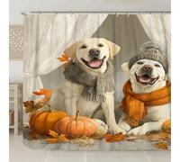 Cortina de ducha de perro labrador, decoración de baño de calabaza otoñal, bonito diseño de animales amarillo y blanco, accesorios modernos y rústicos para el hogar, tela impermeable con ganchos, 274