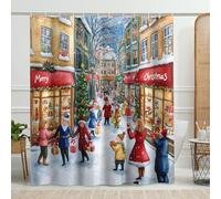 Cortina de ducha de pueblo navideño, cortina de ducha colorida con escena de invierno para decoración de vacaciones, juego de cortina de ducha de tela impermeable festiva con ganchos, 62 x 72 pulgadas