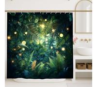 Cortina de ducha de selva tropical, decoración de baño de helechos y luces verde oscuro, cortina de ducha de tela impermeable inspirada en la naturaleza de verano con ganchos, 72 x 84 pulgadas