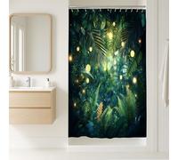 Cortina de ducha de selva tropical, decoración de baño de helechos y luces verde oscuro, cortina de ducha de tela impermeable inspirada en la naturaleza de verano con ganchos, 91 x 183 cm